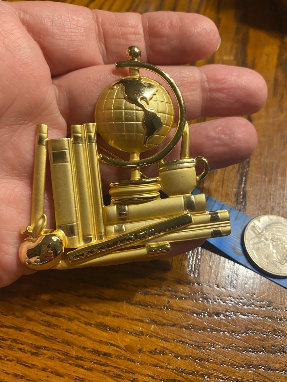 Vintage AJC Gold Tone Teacher Brooch Globe Books Apple School Pin